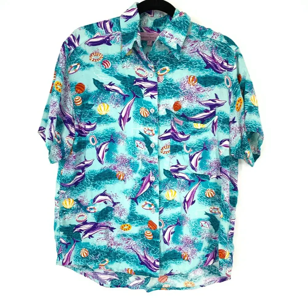 VINTAGE Guess By Marciano Men's Sz 2 US M Button Up Casual Shirt Dolphin Print